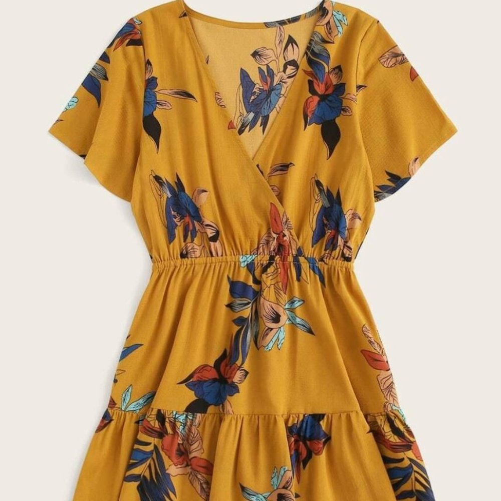 Mustard Floral Wrap Midi Dress